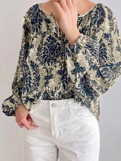 Allover Flower Print Button Long Sleeve Blouse