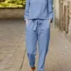 Solid Long Sleeve Pocket Knotted Two Pieces Suit