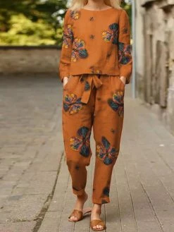 Vintage Flower Print Knotted Two-piece Set Suit