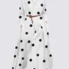 Polka Dot Print Pleated Pocket Long Sleeve Maxi Dress