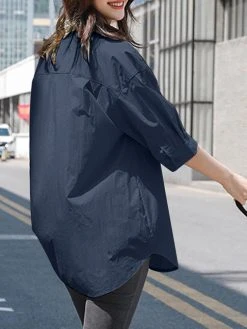 Solid Button Front Tie Lapel 3/4 Sleeve Loose Blouse -Zanzea Shop 542a4276 7d41 4e09 a43b 1883cd59a40e