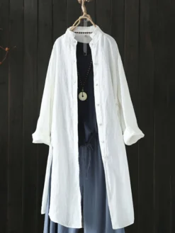 Vintage Irregular Button Split Solid Plus Size Long Shirt