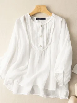 Women Solid Pleated Crew Neck Button Design Puff Sleeve Blouse