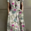 Flower Print Pocket Drawstring Waist Short Sleeve Midi Dress