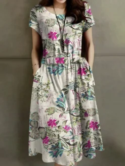 Flower Print Pocket Drawstring Waist Short Sleeve Midi Dress