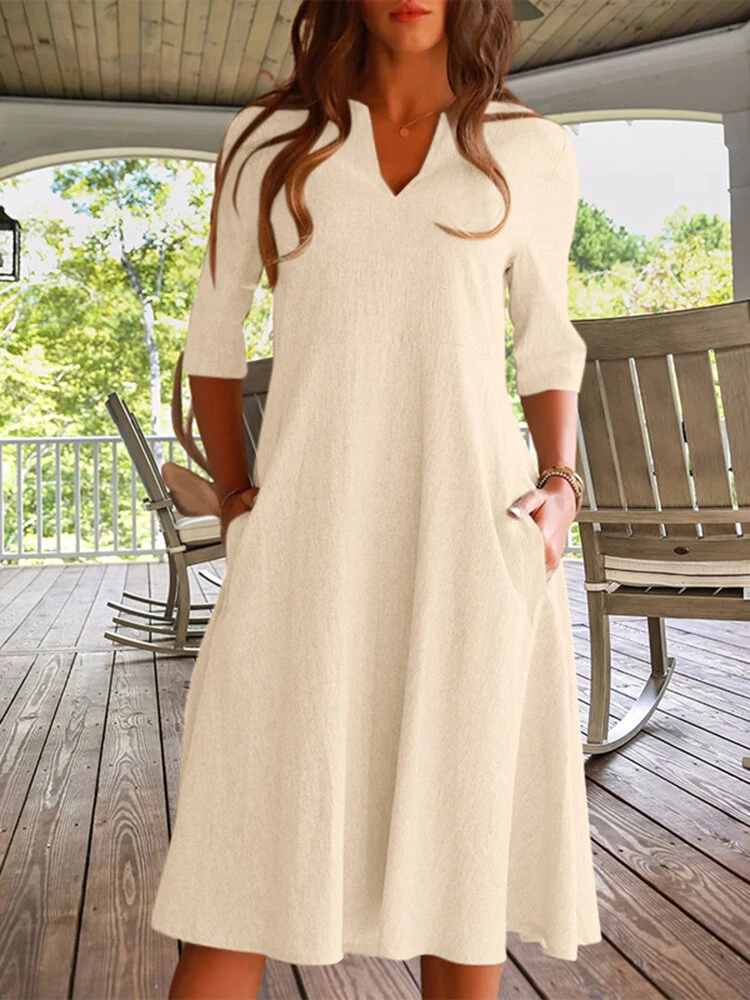 Women Solid Notched Neck Slant Pocket Half Sleeve Dress 1 Women Solid Notched Neck Slant Pocket Half Sleeve Dress