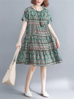 Vintage Print Short Sleeve Crew Neck Dress -Zanzea Shop 54780863 5aa9 4f7d a9dc 6dbcd671466a