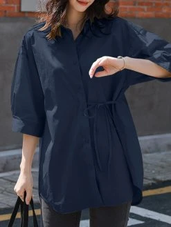 Solid Button Front Tie Lapel 3/4 Sleeve Loose Blouse -Zanzea Shop 548d703c 1c7a 4dad b244 ae2188df8ee2