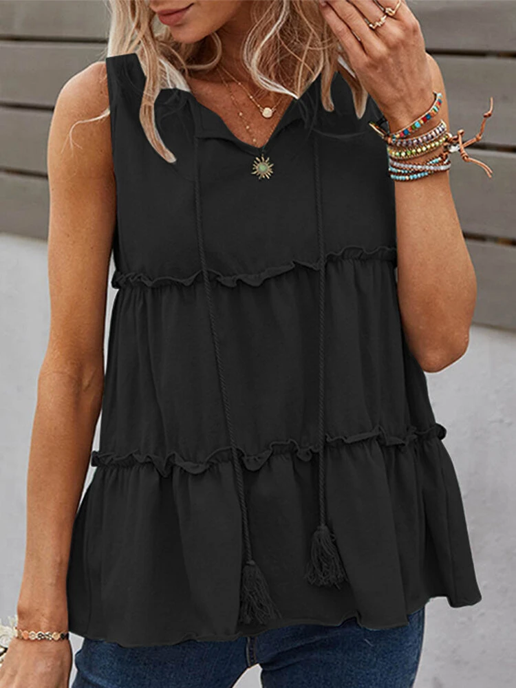 Women Lettuce Trim Tiered Tie Neck Sleeveless Tank Top 5 Women Lettuce Trim Tiered Tie Neck Sleeveless Tank Top - Image 5