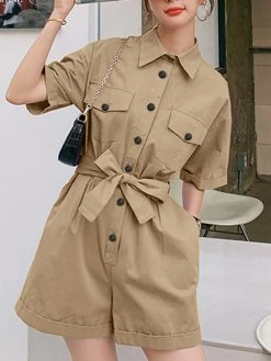 Solid Pocket Button Lapel Short Sleeve Wide Leg Cargo Romper