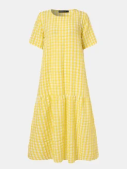 Plaid Print Short Sleeve Plus Size Casual Long Dress