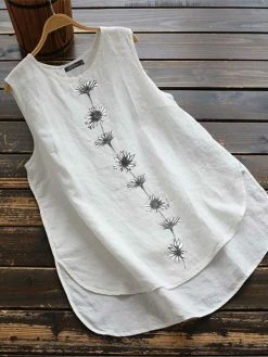 Women Floral Print Sleeveless Crew Neck Tank Top
