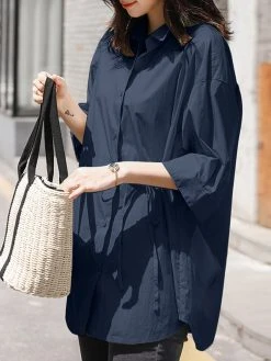 Solid Button Front Tie Lapel 3/4 Sleeve Loose Blouse -Zanzea Shop 5534af35 4840 48d8 89b5 66edf8dce427