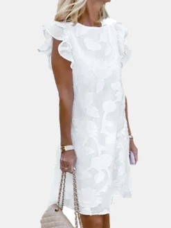 Print Ruffle Sleeve Round Neck Casual Midi Dress