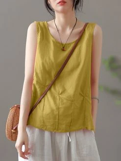 Solid Fold Pleated Crew Neck Sleeveless Casual Tank Top -Zanzea Shop 5548350d 6cba 4d4e 890e cefc9f9ca6b4