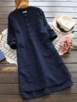 Solid Stand Collar Long Sleeve Pocket Button Vintage Dress -Zanzea Shop 5548d79d b27d 4ea2 8d36 1ee66f50e348