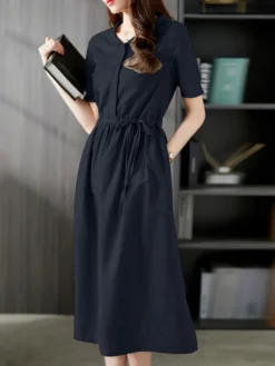 Solid Drawstring Waist Pocket Short Sleeve Vintage Dress -Zanzea Shop 5561ba37 693e 4d80 bf8b d23a2a84bea0