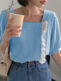 Check Print Lace Panel Short Sleeve Square Collar Blouse -Zanzea Shop 55766ba9 de8d 4d12 b3f6 f956108eac50