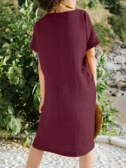 Solid Short Sleeve Pocket V-neck Dress For Women -Zanzea Shop 5592b083 3aea 4721 993c 3a30ae8d0714