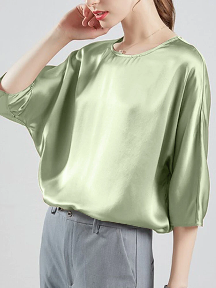 Solid Loose Dolman Sleeve Satin Crew Neck Women Blouse 2 Solid Loose Dolman Sleeve Satin Crew Neck Women Blouse - Image 2