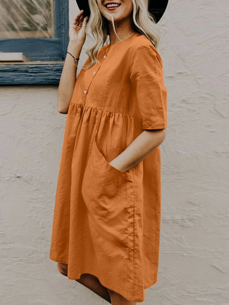 Solid Button Pocket Short Sleeve Casual Cotton Midi Dress 6 Solid Button Pocket Short Sleeve Casual Cotton Midi Dress - Image 6