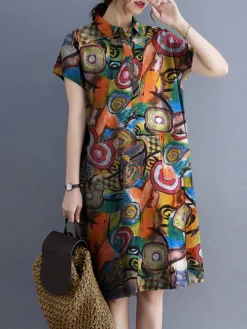 Abstract Painted Button Lapel Short Sleeve Print Midi Dress -Zanzea Shop 56068693 3be8 4025 ab2b 8ac2aa25cb63