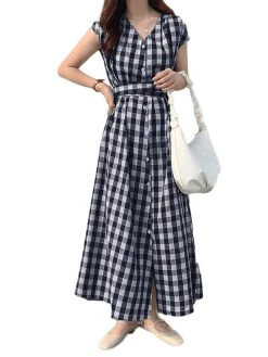 Check Print Button V-neck Short Sleeve Belt Maxi Dress