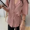 Solid Button Tie-Up Lapel Short Sleeve Casual Cotton Blouse