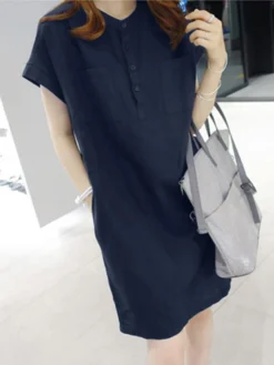 Solid Pocket Button Front Casual Dress With Belt -Zanzea Shop 561b2cca 154d 4e33 a00f edade874fa20