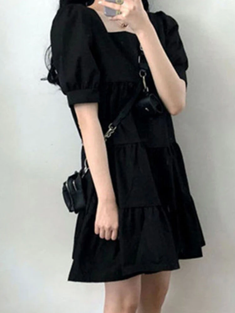 Puff Sleeve Square Collar A-line Solid Casual Dress 9 Puff Sleeve Square Collar A-line Solid Casual Dress - Image 9