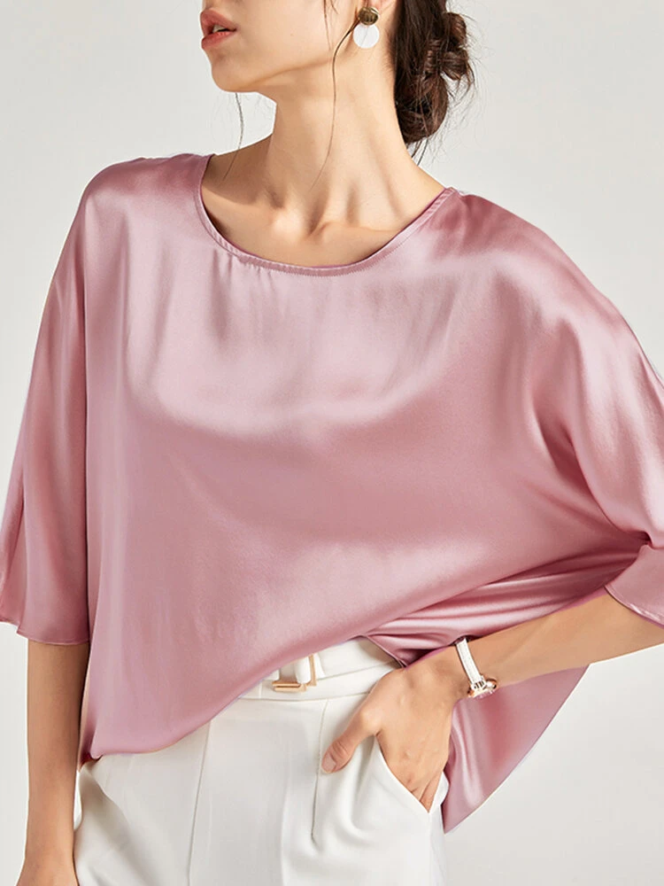 Solid Loose Dolman Sleeve Satin Crew Neck Women Blouse 9 Solid Loose Dolman Sleeve Satin Crew Neck Women Blouse - Image 9