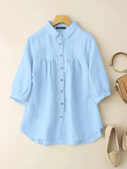 Solid Button Half Sleeve Lapel Loose Casual Blouse