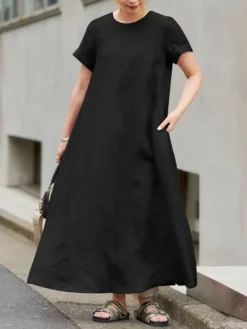 Solid Pocket Round Neck Short Sleeve Casual Cotton Maxi Dress 11 Solid Pocket Round Neck Short Sleeve Casual Cotton Maxi Dress -Zanzea Shop 5668cece cef2 4dd6 a43d d9c99f76c7af
