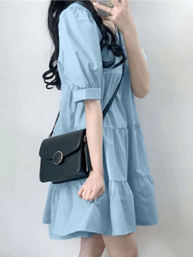 Puff Sleeve Square Collar A-line Solid Casual Dress 3 Puff Sleeve Square Collar A-line Solid Casual Dress - Image 3