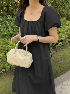 Solid Puff Sleeve Pocket Square Collar Midi Dress -Zanzea Shop 56d13589 f844 4a2c bd89 c8cb33e328cd