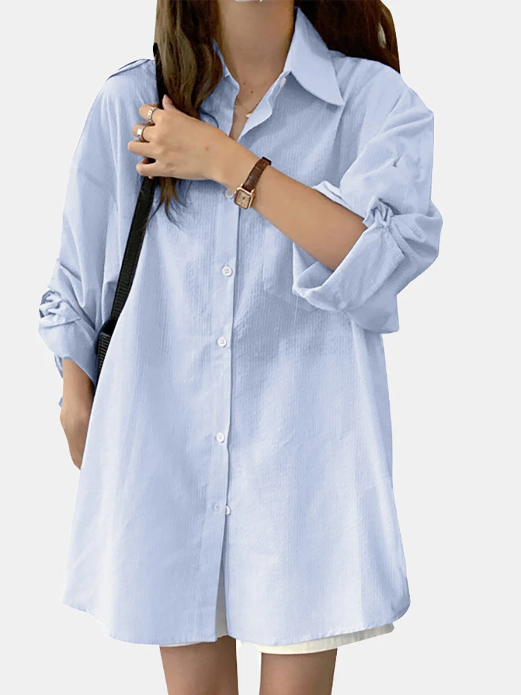 Stripe Long Sleeve Pocket Button Front Lapel Loose Shirt 1 Stripe Long Sleeve Pocket Button Front Lapel Loose Shirt