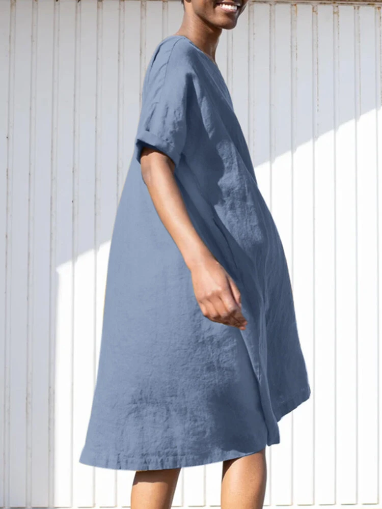 Solid Loose Crew Neck Short Sleeve Casual Dress With Belt 12 Solid Loose Crew Neck Short Sleeve Casual Dress With Belt - Image 12