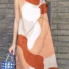 Women Abstract Color Block Print Crew Neck Sleeveless Dress