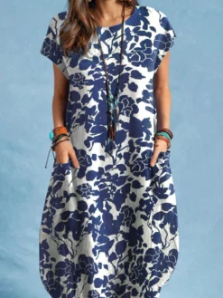Allover Plants Print Dual Pocket Short Sleeve Dress