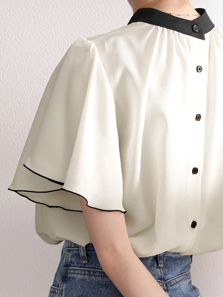 Contrast Button Ruffle Sleeve Stand Collar Women Blouse 2 Contrast Button Ruffle Sleeve Stand Collar Women Blouse - Image 2