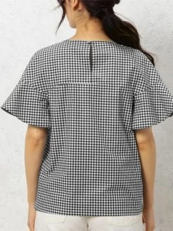 Check Print Ruffle Sleeve Crew Neck Keyhole Back Blouse -Zanzea Shop 578bd96c 5f29 473d 8405 10922e9481b1