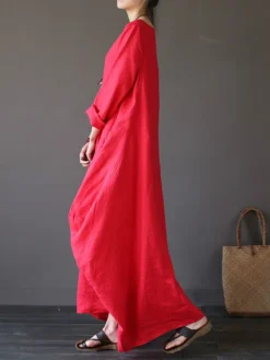 Vintage Women Solid 3/4 Sleeve Loose Maxi Dress With Pocket -Zanzea Shop 57ac6626 edec 4cfb a4b1 3f7bd77c142b
