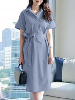 Solid Tie Front Pocket Lapel Short Sleeve Casual Dress -Zanzea Shop 57c1a4b9 05f5 4814 8da4 c569b2234a54