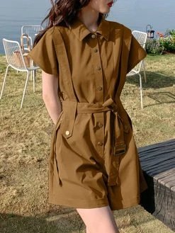 Solid Belt Button Front Pocket Short Sleeve Lapel Cargo Romper -Zanzea Shop 57cec6eb 591d 46bf 8d0f 1b930d9501e2