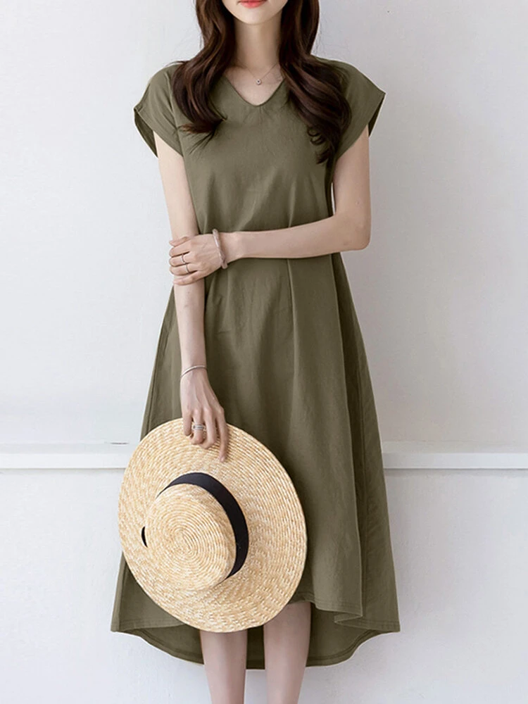 Solid High-low V-neck Short Sleeve Casual Dress 3 Solid High-low V-neck Short Sleeve Casual Dress - Image 3