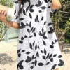 Leaves Print Pocket Crew Neck Short Sleeve Casual Dress