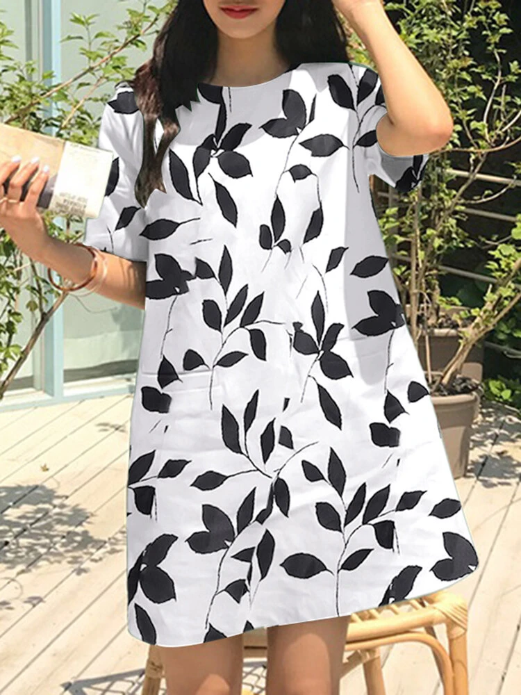 Leaves Print Pocket Crew Neck Short Sleeve Casual Dress 1 Leaves Print Pocket Crew Neck Short Sleeve Casual Dress