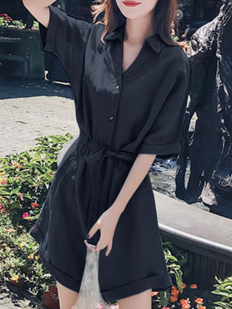 Solid Pocket Lapel Belt Button Front Short Sleeve Romper 10 Solid Pocket Lapel Belt Button Front Short Sleeve Romper - Image 10