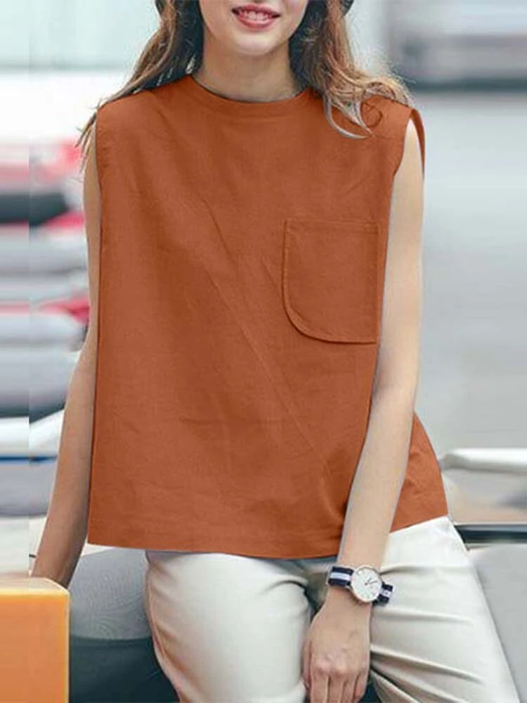 Women Solid Chest Pocket Cotton Sleeveless Tank Top 3 Women Solid Chest Pocket Cotton Sleeveless Tank Top - Image 3