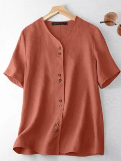 Solid Button Front Short Sleeve V-neck Casual Blouse -Zanzea Shop 58442925 f3cb 422b a06f 2764035f1c7d